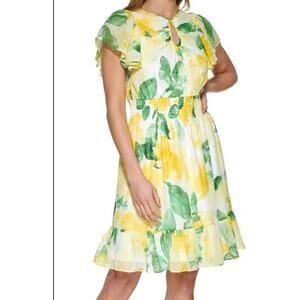 DKNY Women's Flutter-Sleeve Clip-Dot Smock-Waist Dress Yellow Diamond Multi Sz 6